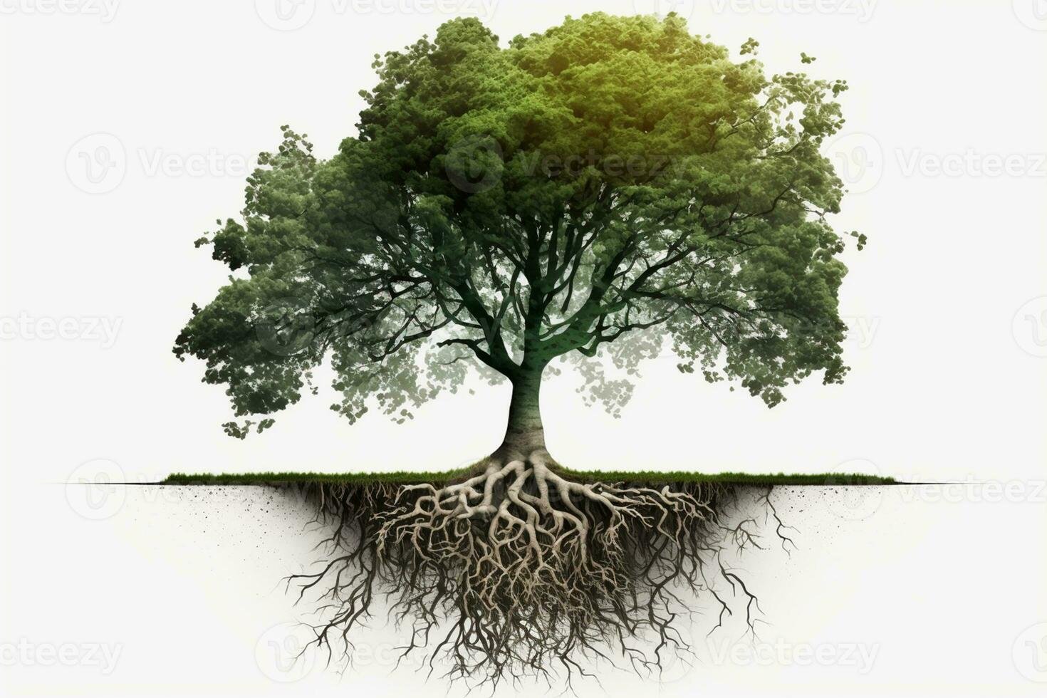 Arbre avec les racines sous isole blanc vide contexte ai genere photo